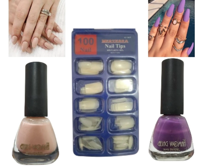 Combo of 2 Pcs Being Woman Nail Polishes & 100 Pcs Artificial Nail Tips (Multicolor, Set of 3)