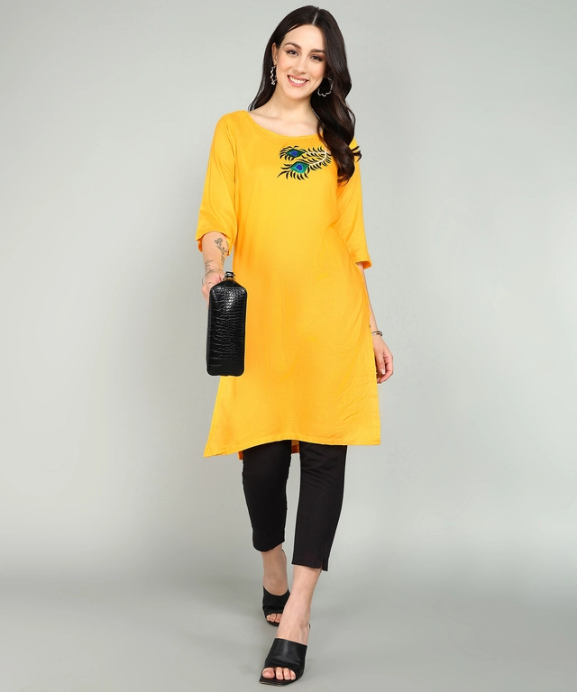 Rayon Embroidered Kurti for Women (Yellow, S)