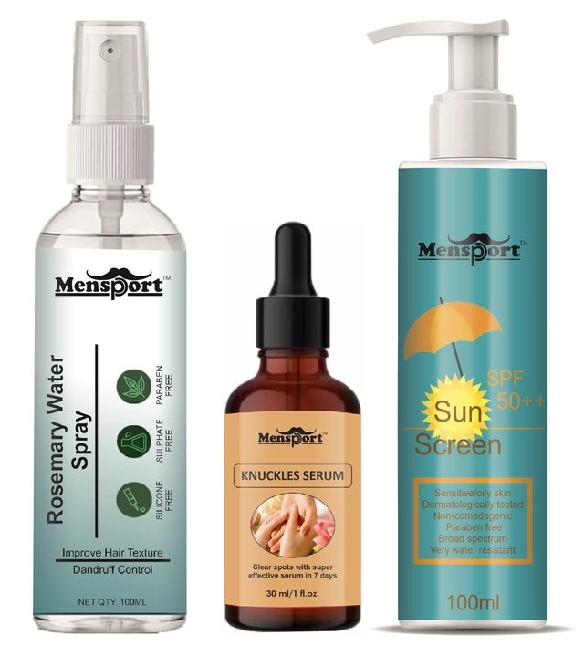 Mensport Rosemary Hair Spray (100 ml) with Knuckles Skin Serum (30 ml) & Sunscreen Cream (100 ml) (Set of 3)