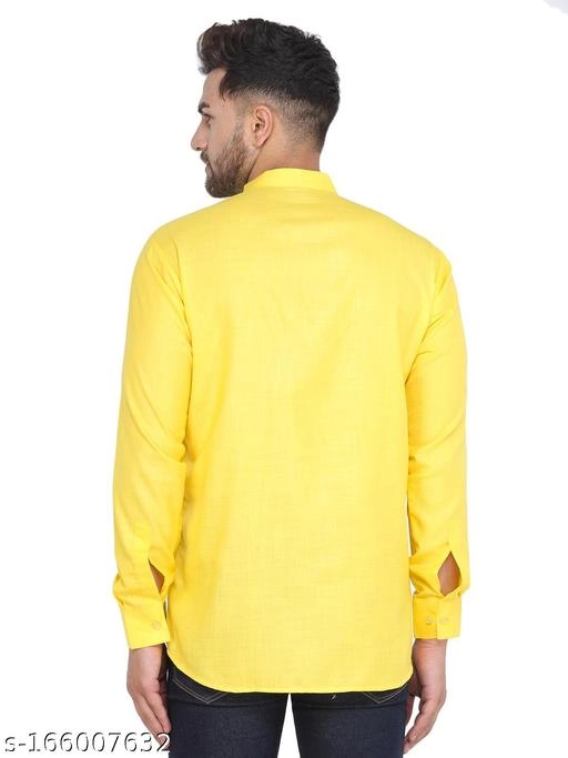 Cotton Blend Solid Short Kurta for Men (Yellow, S)