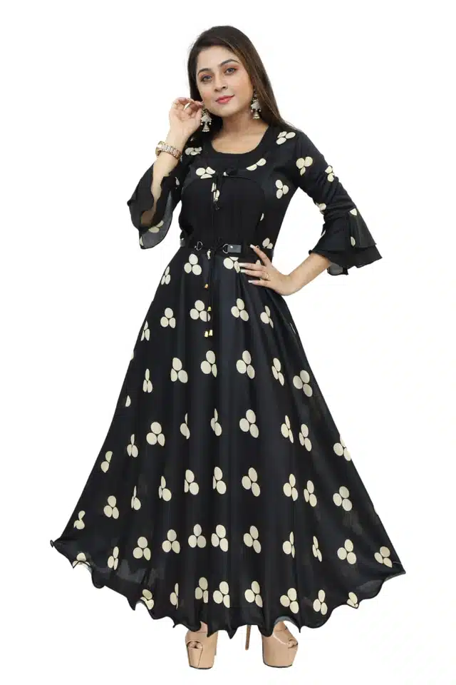 Three Quarter Sleeves Gown for Girls (Black, 10-11 Years)