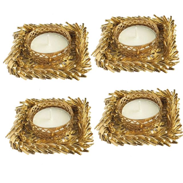 Metal Designer Tealight Candle Holder (Gold, 7.5x7.5x2 cm) (Pack of 4)