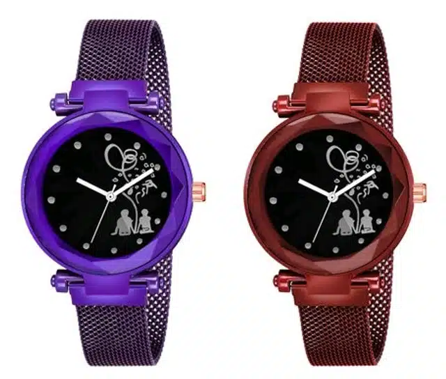 Analog Watch with Bracelet for Women & Girls (Purple & Maroon, Pack of 2)