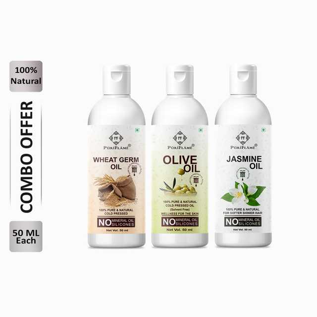 Puriflame Pure Wheat Germ Oil (50 ml), Olive Oil (50 ml) & Jasmine Oil ( 50 ml) Combo for Rapid Hair Growth (Pack Of 3) (B-14332)