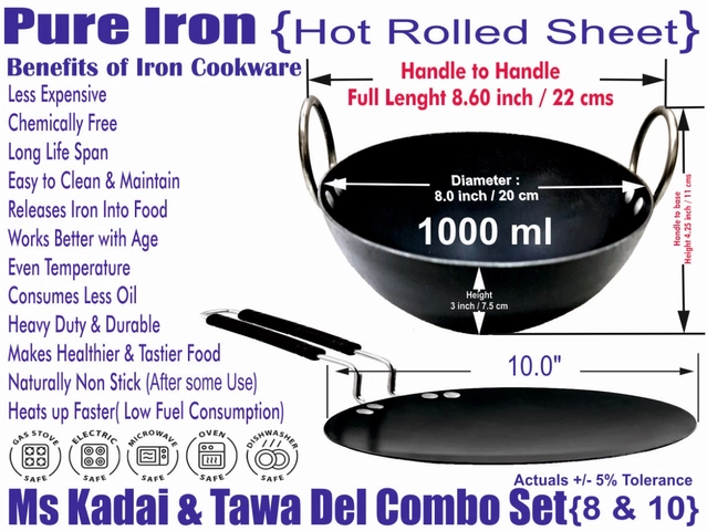 Iron Non Coated Kadai (1 L) with Tawa (Black, Set of 2)