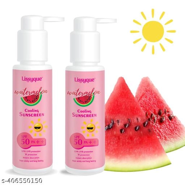  Lissyque Watermelon Sunscreen Lotion for All Skin Types, SPF 50++, Watermelon Scent, Fast Absorbing, Non-Greasy, Paraben Free- 100ml(Pack of 2)