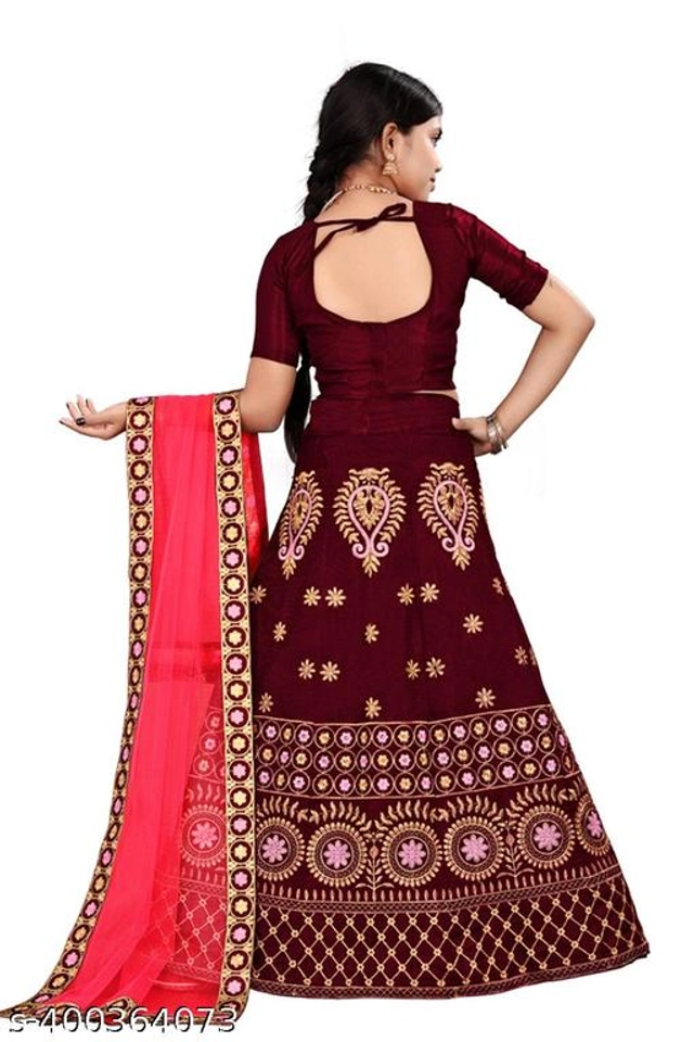 Satin Embroidered Lehenga with Choli & Dupatta for Girls (Maroon & Pink, 2-3 Years)