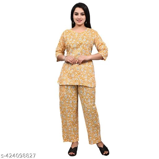 Rayon Printed Nightsuit for Women (Mustard, S)