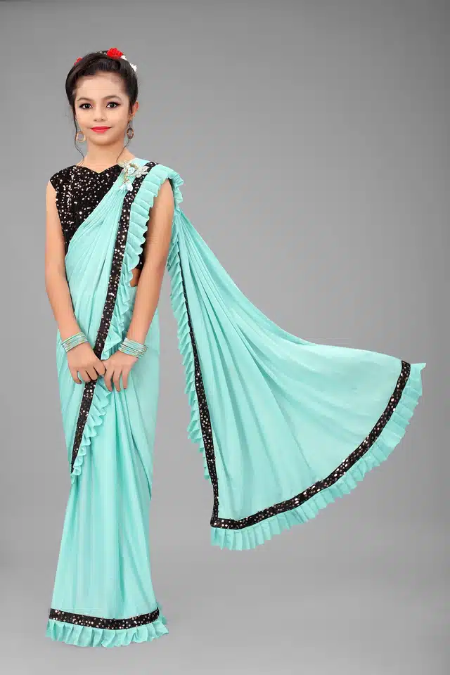 Ready to Wear Saree with Unstitched Blouse for Kids (Blue, 6-7 Years)