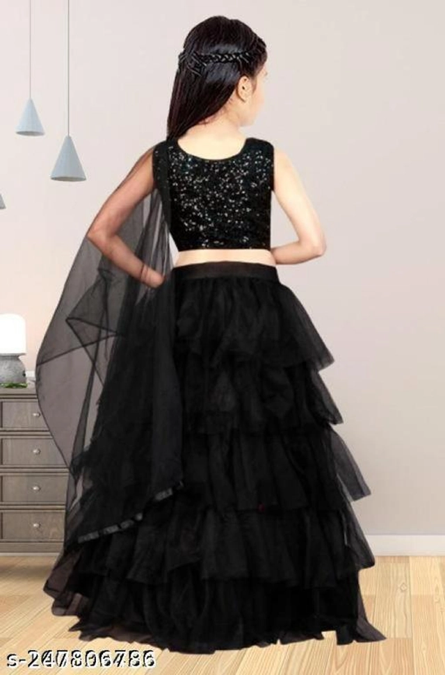 Net Solid Lehenga Choli with Dupatta for Girls (Black, 1-2 Years)