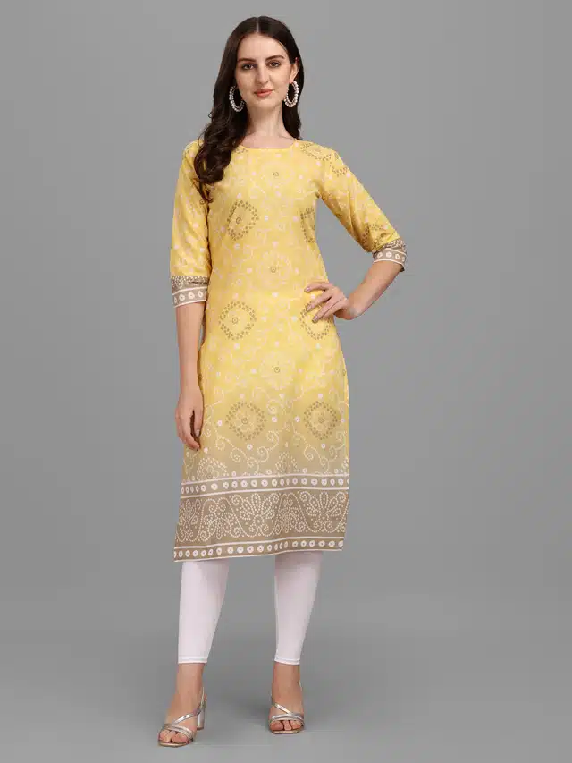 Women's Bandhani Printed Straight Kurti (Yellow, XL)