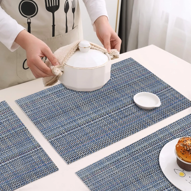 PVC Waterproof Rectangle Striped Table Mats (Silver, 45x30 cm) (Pack of 6)