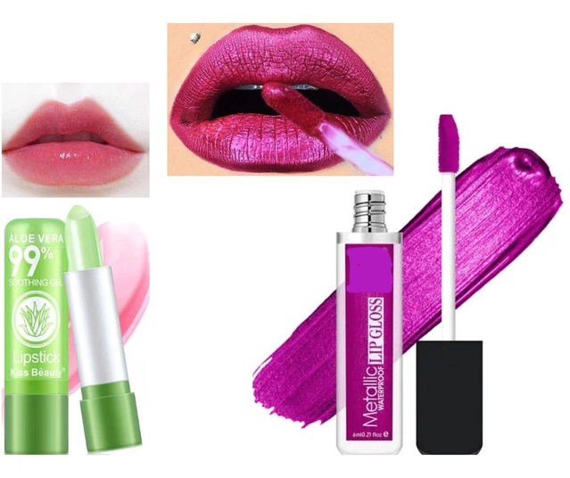 Combo of Metallic Waterproof Lip Gloss (6 ml) with Aloevera Lip Balm (Magenta, Set of 2)