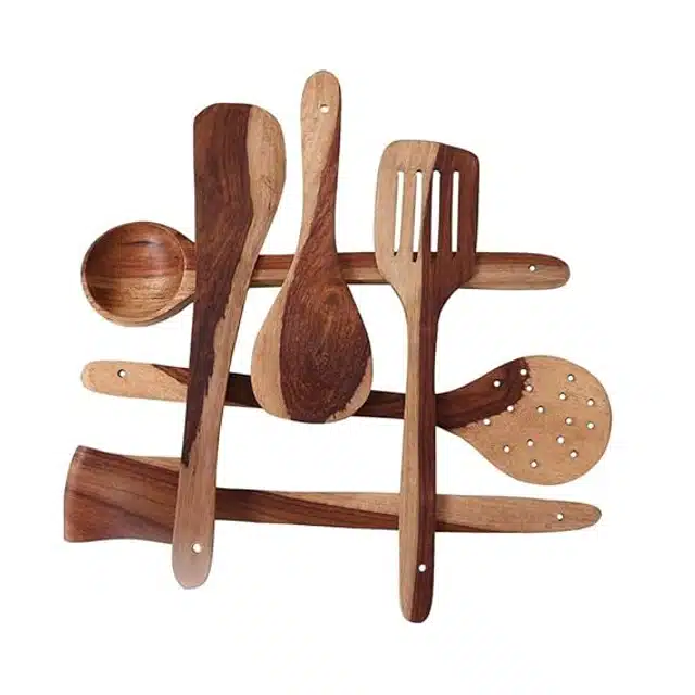 Wooden Cooking & Serving Spoons (Brown, Set of 6)