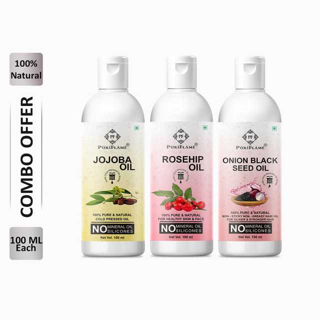 PuriFlame Pure Jojoba Oil (100 ml) & Rosehip Oil (100 ml) & Onionblackseed Oil (100 ml) Combo For Rapid Hair Growth (Pack Of 3) (B-5287)
