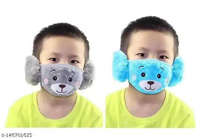 Winter Face Mask with Plush Ear Muffs for Kids (Sky Blue & Peach, 4-14 Years) (Pack of 2)