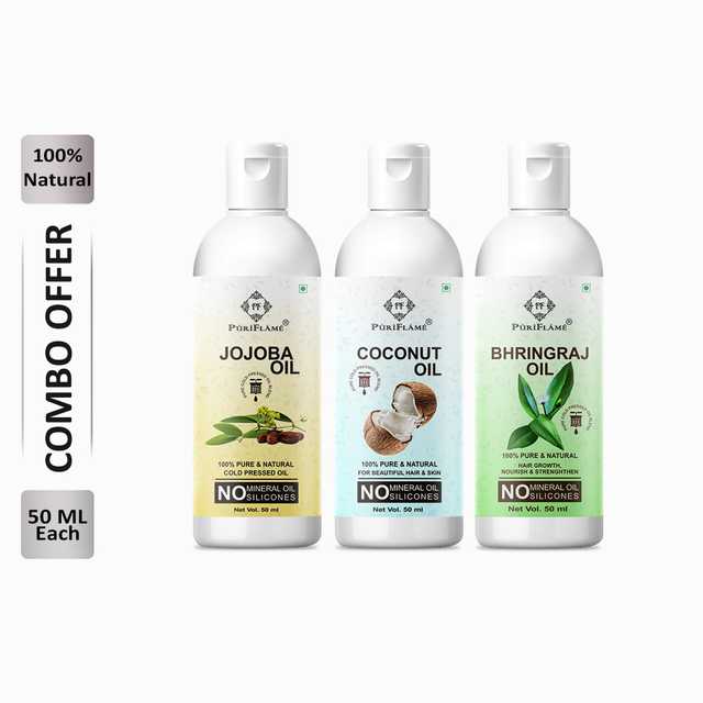 Puriflame Pure Jojoba Oil (50 ml), Coconut Oil (50 ml) & Bhringraj Oil (50 ml) Combo for Rapid Hair Growth (Pack Of 3) (B-11453)