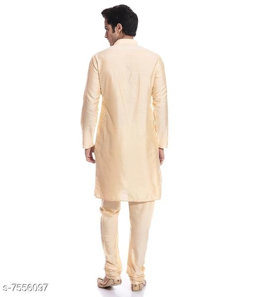 Dupion Silk Solid Kurta with Pyjama for Men (Cream, S)