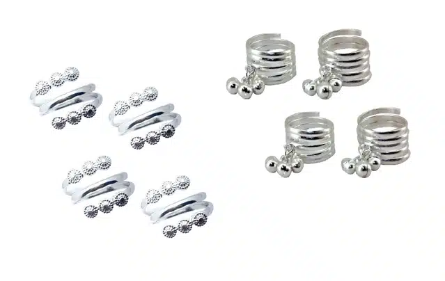 Designer Toe Ring Set for Women (Silver, Set of 4)
