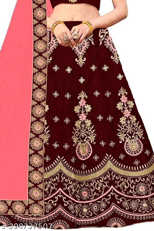 Satin Embroidered Lehenga with Choli & Dupatta for Girls (Maroon & Pink, 2-3 Years)