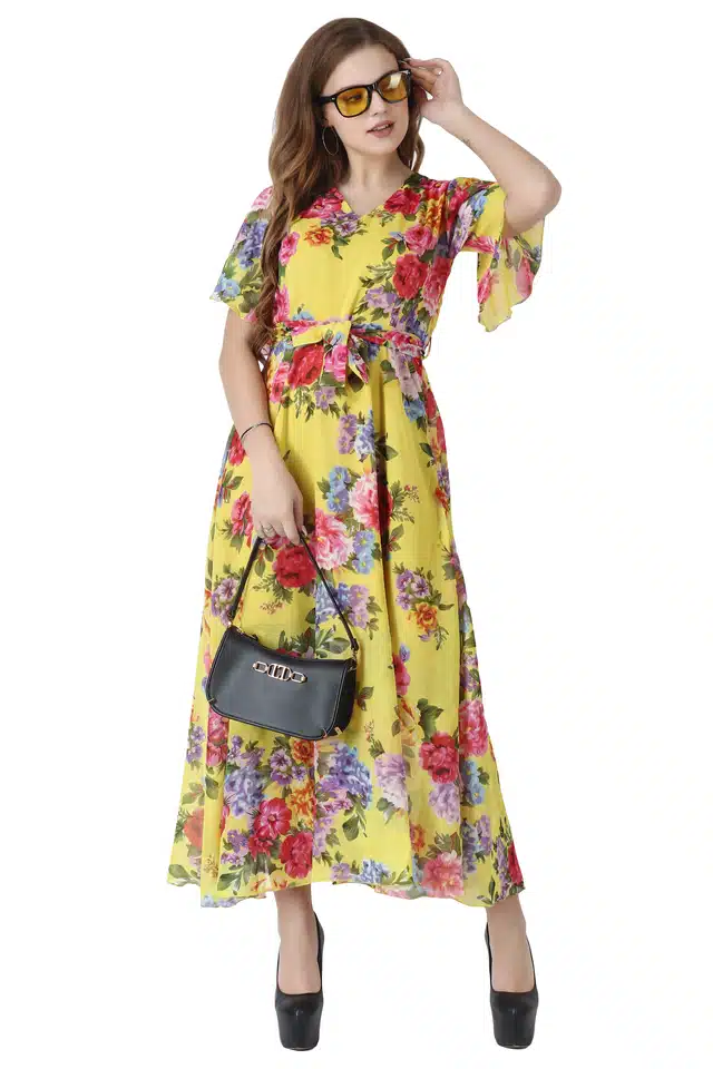 Women's Printed Dress (Yellow, S)