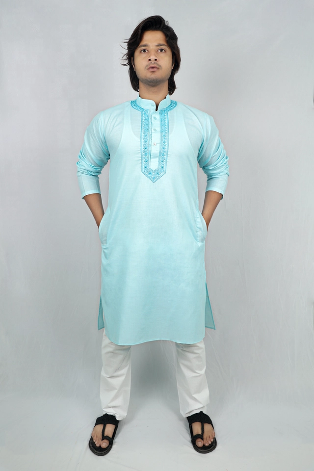 Cotton Full Sleeves Embroidered Kurta Set for Men (Aqua Blue & White, M)