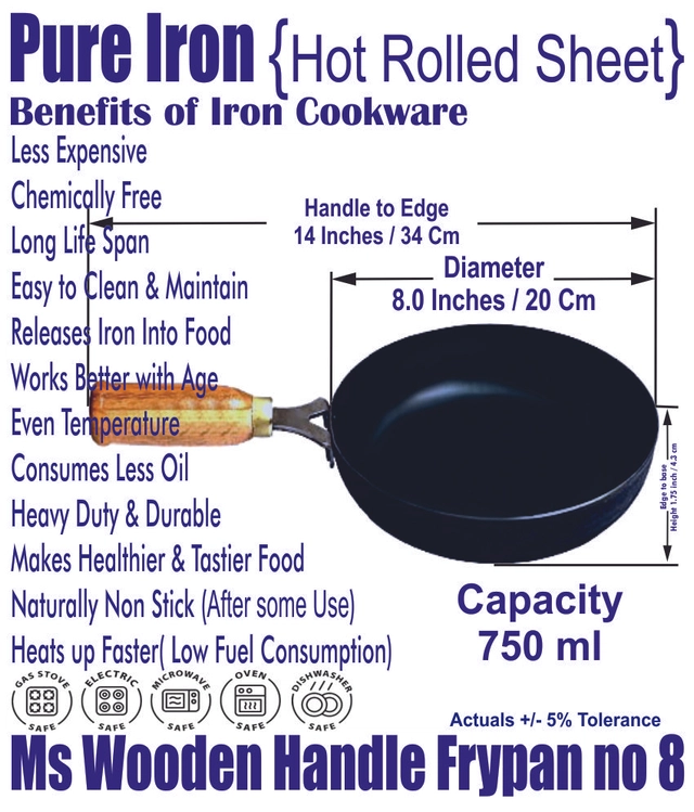 Iron Non Coated Frying Pan with Wooden Handle (Black, 20 cm)