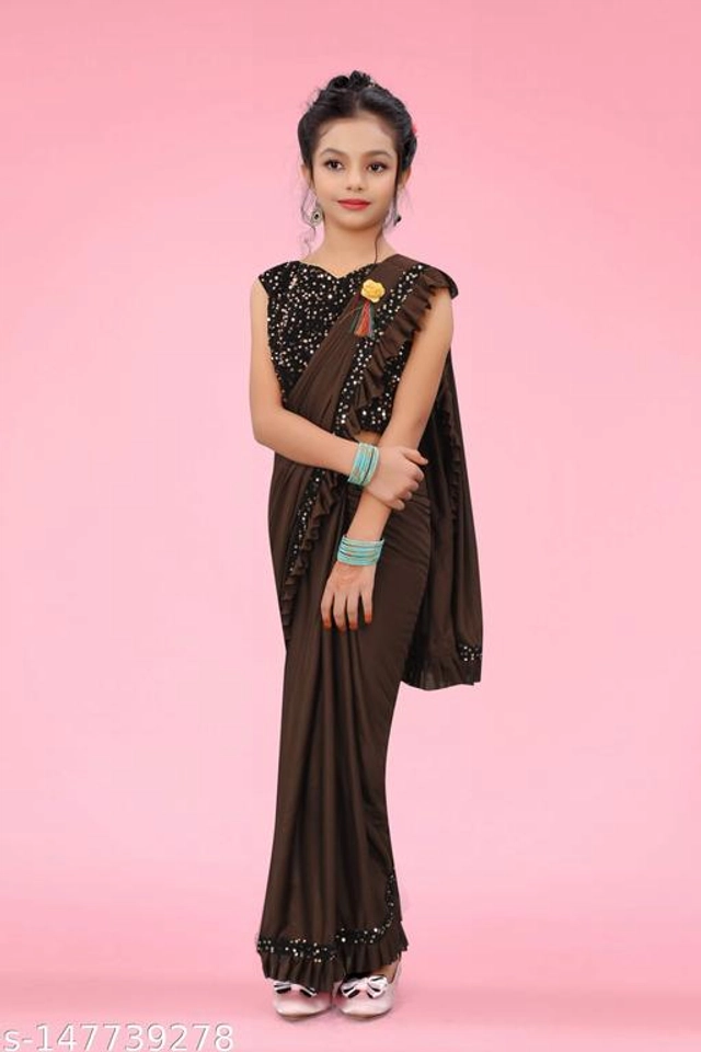 Solid Fancy Saree for Girls with Blouse (Brown, 3-4 Years)