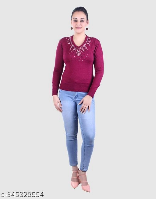 Acrylic Embellished Sweater for Women (Wine, M)