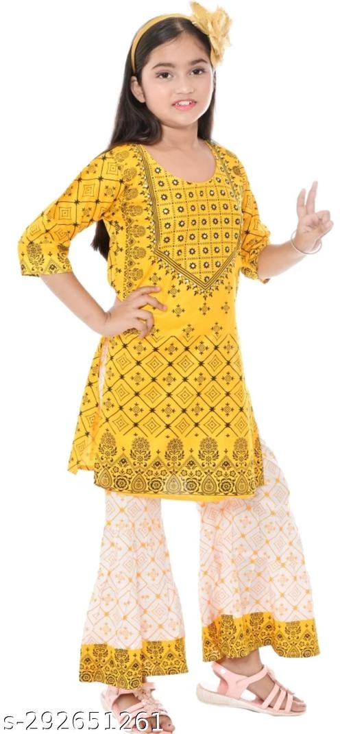 Rayon Kurta Set for Girls (Yellow & White, 5-6 Years)