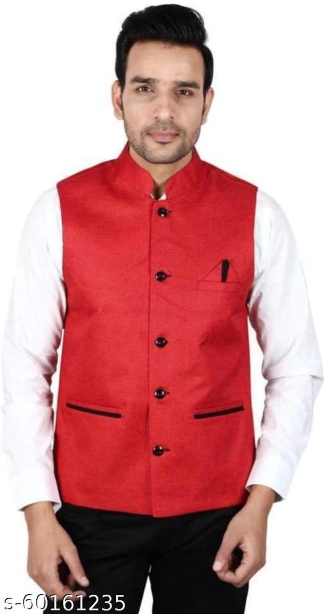 Jute Cotton Ethnic Jacket for Men (Red, M)