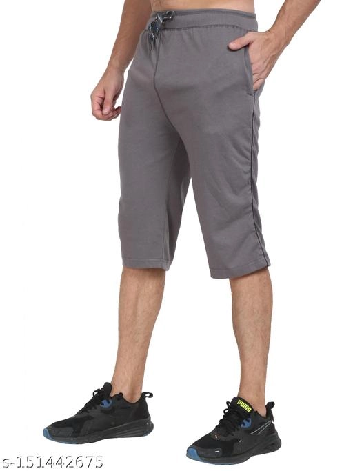 Cotton Blend Three Quarter Pants for Men (Grey, 30)