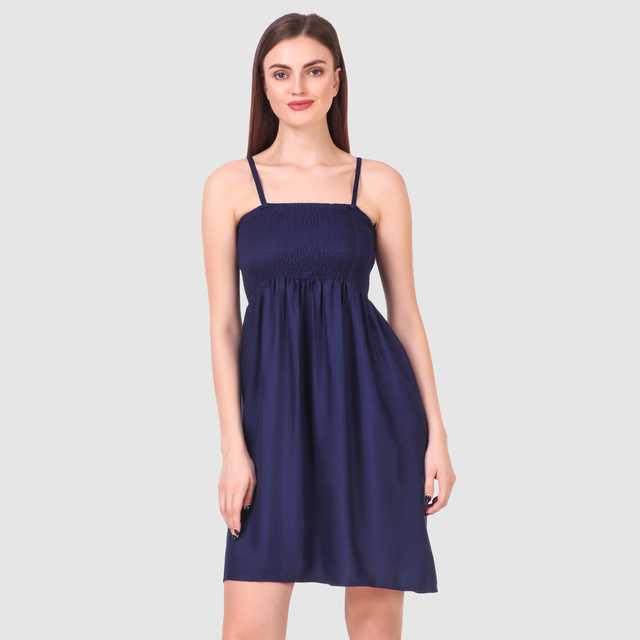 Stylish New Cotton Rayon Blend Women Solid Midi Dress (Dark Blue, L) (ITN-62)