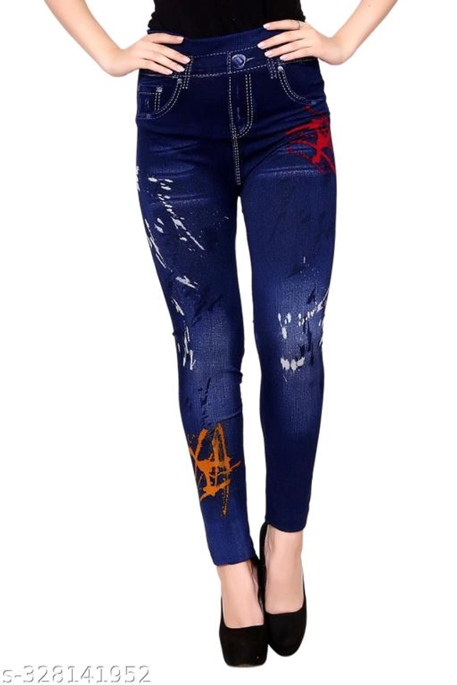 Polyester Dyed Jeggings for Women (Navy Blue, M)