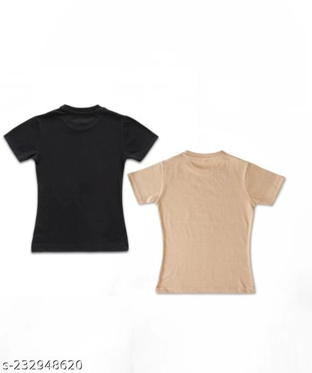 Cotton Blend Round Neck T-Shirt for Girls (Black & Beige, 1-2 Years) (Pack of 2)