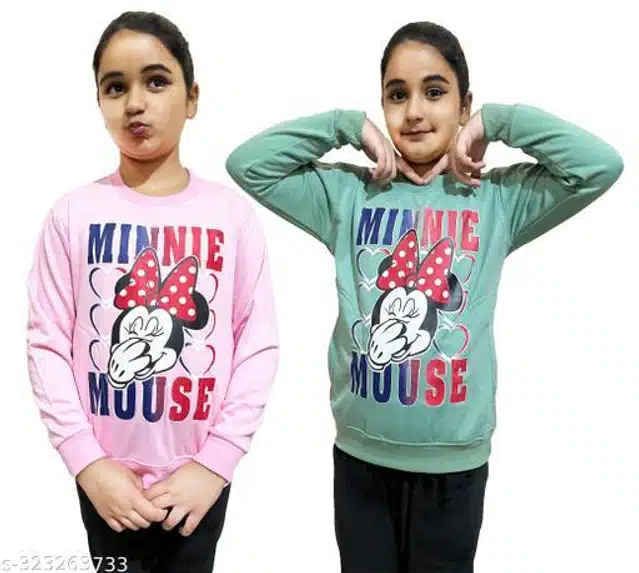 Fleece Printed Full Sleeves Round Neck Sweatshirts for Girls (Light Pink & Mint Green, 3-4 Years) (Pack of 2)