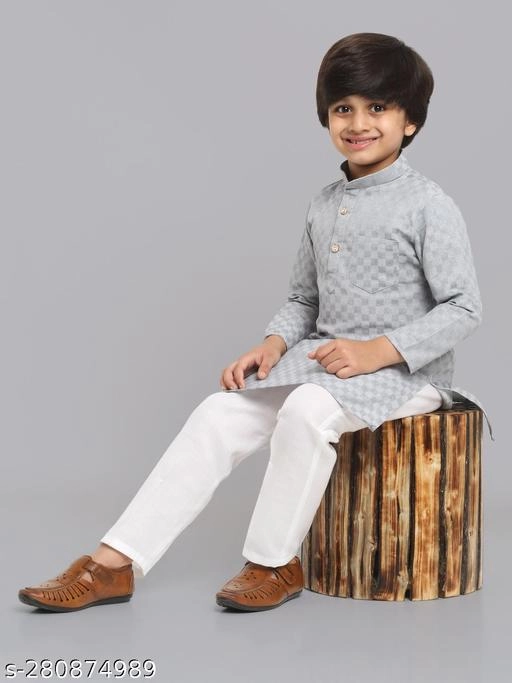 Cotton Blend Kurta with Pyjama for Boys (Grey & White, 9-12 Months)