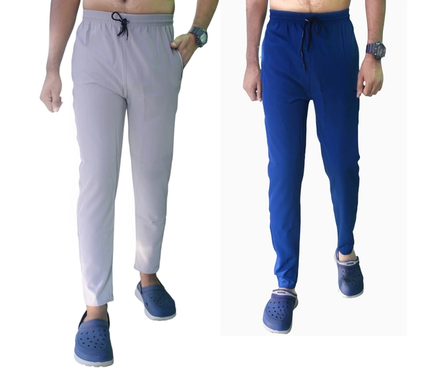 Lycra Solid Trackpants for Men (Grey & Royal Blue, 28) (Pack of 2)