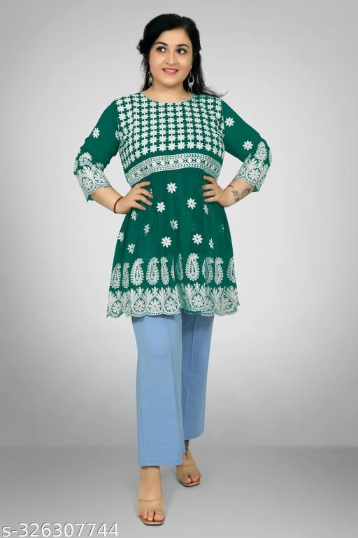 Georgette Chikankari Top for Women (Bottle Green, XL)