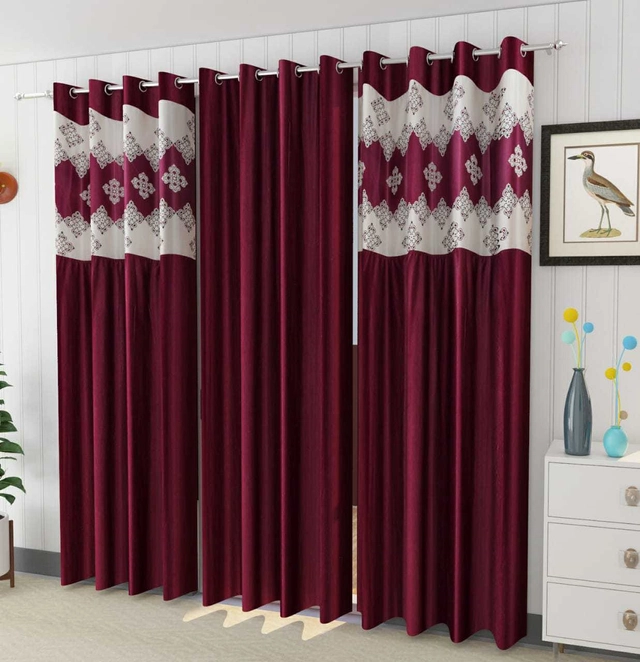 Polyester Room Darkening Printed Door Curtains (Purple, 7 Feet) (Set of 3)