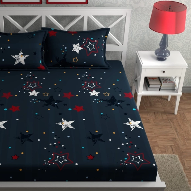 CG Homes 180 TC Fitted Elastic Double Printed Bedsheet With 2 Pillow Cover Cotton (Blue Star)