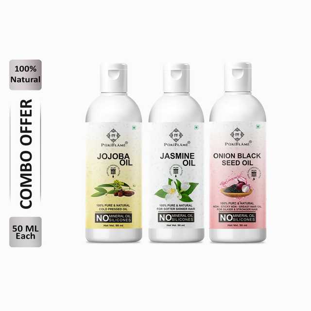 Puriflame Pure Jojoba Oil (50 ml), Jasmine Oil (50 ml) & Onion Black Seed Oil (50 ml) Combo for Rapid Hair Growth (Pack Of 3) (B-11513)