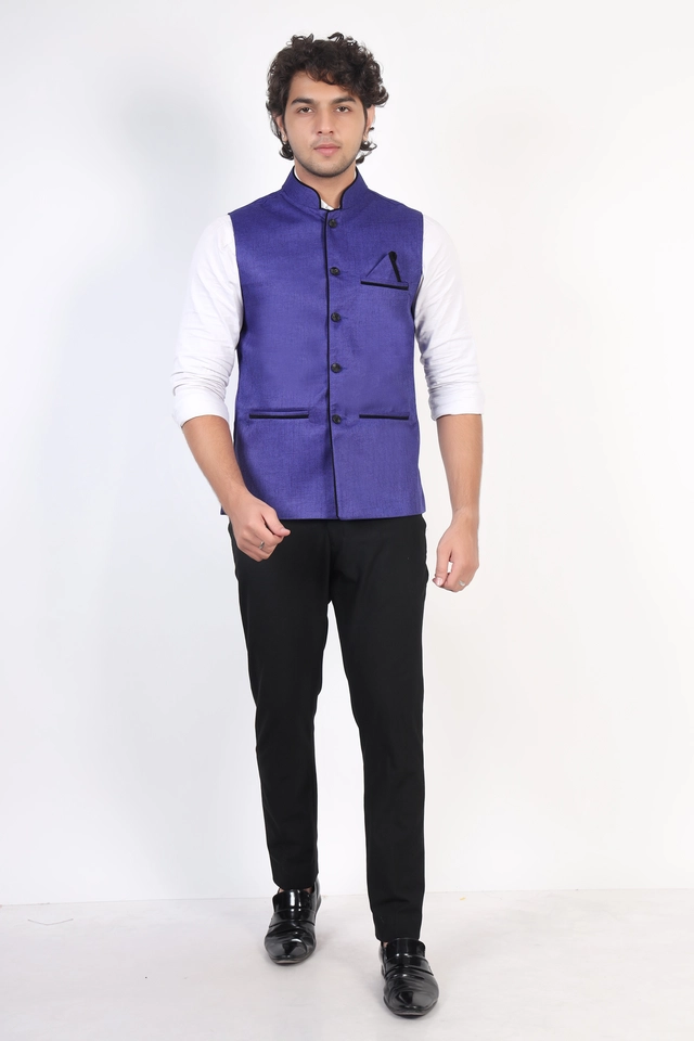 Jute Khadi Solid Waistcoat for Men (Blue, M)