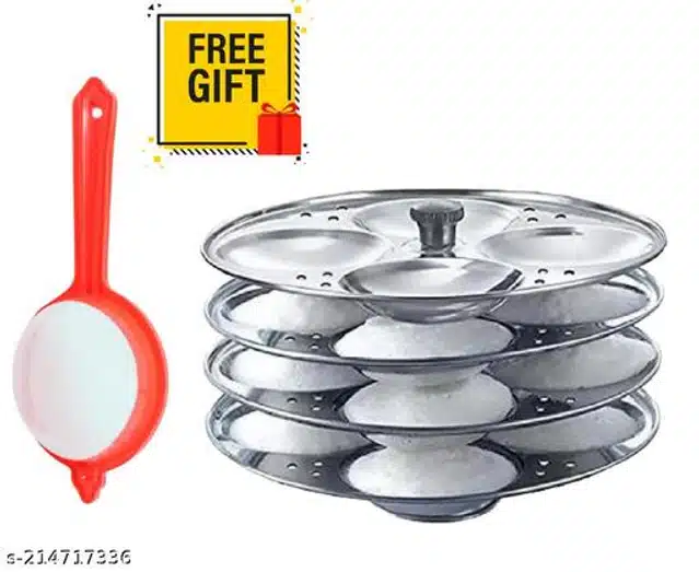 Stainless Steel 4 Plate Idli Maker with Tea Strainer (Silver, Set of 2)