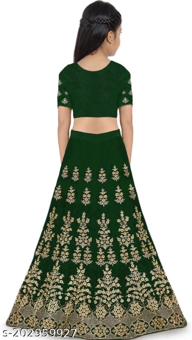 Satin Embroidered Lehenga with Choli & Dupatta For Girls (Green & Pink, 6-7 Years)