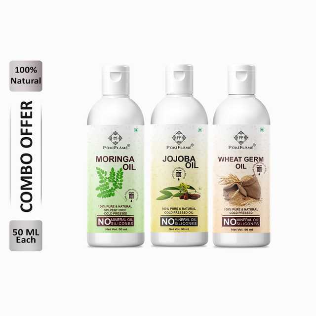 Puriflame Pure Moringa Oil (50 ml), Jojoba Oil (50 ml) & Wheat Germ Oil (50 ml) Combo for Rapid Hair Growth (Pack Of 3) (B-11841)