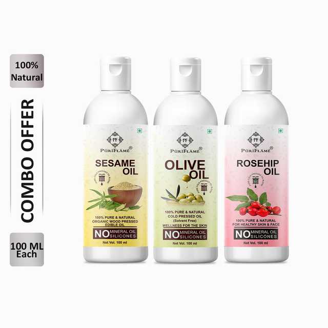 PuriFlame Pure Sesame Oil (100 ml) & Olive Oil (100 ml) & Rosehip Oil (100 ml) Combo For Rapid Hair Growth (Pack Of 3) (B-7647)