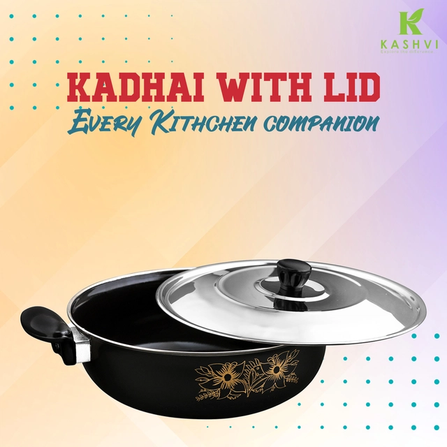 Cast Iron Kadai with Lid (Black & Silver, 28 cm)