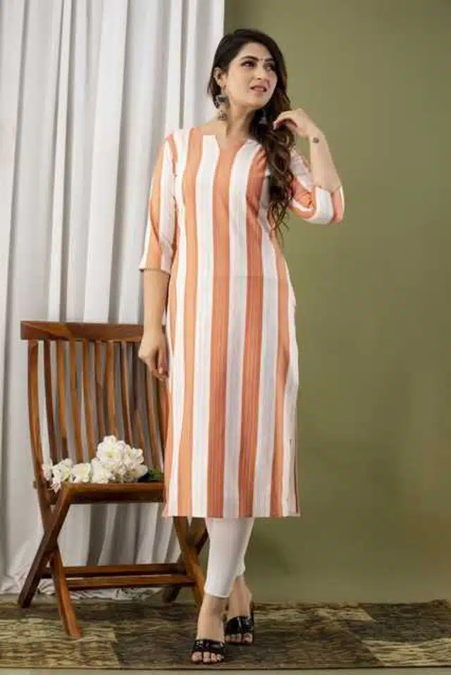 Women Cotton Blend Striped Kurta (Orange, M) (SD-657)