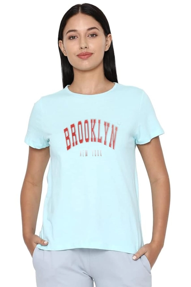 Round Neck Printed T-Shirt for Women (Aqua Blue, S)